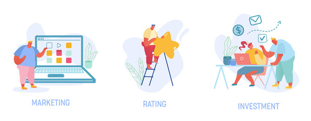 Set of Male and Female Characters Engaged Social Media Marketing, Rating and Feedback, People Making Investment Isolated on White Background. People Using Gadgets. Cartoon Flat Vector Illustration