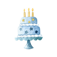 Watercolor cake with three candles  isolated on white background. Happy birthday, baby shower celebration concept.  Hand drawn clipart for greeting card, invitations, banners. Handmade illustration.