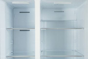 Shelves of empty modern refrigerator, closeup view