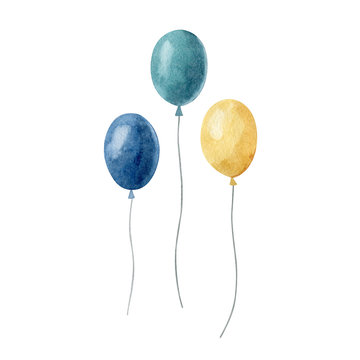 Three watercolor balloons isolated on white background. Happy birthday, baby shower celebration concept.  Hand drawn clipart for greeting card, invitations, banners. Handmade illustration.