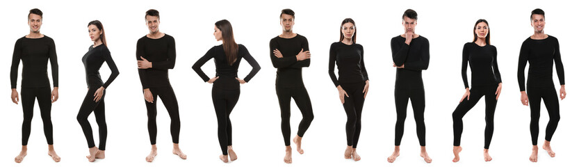 Collage of people wearing thermal underwear isolated on white