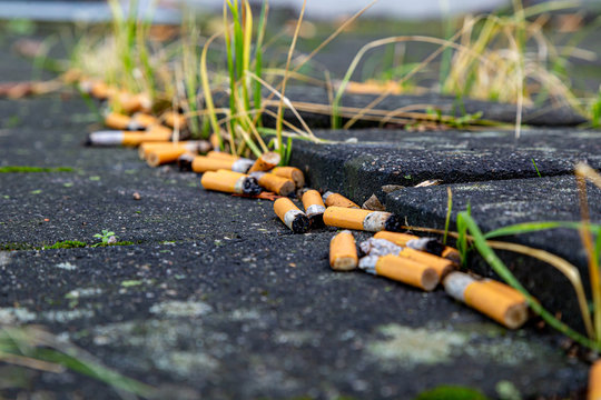 Viele Zigaretten sind auf der Stra&szlig;e und verschmutzen die Umwelt