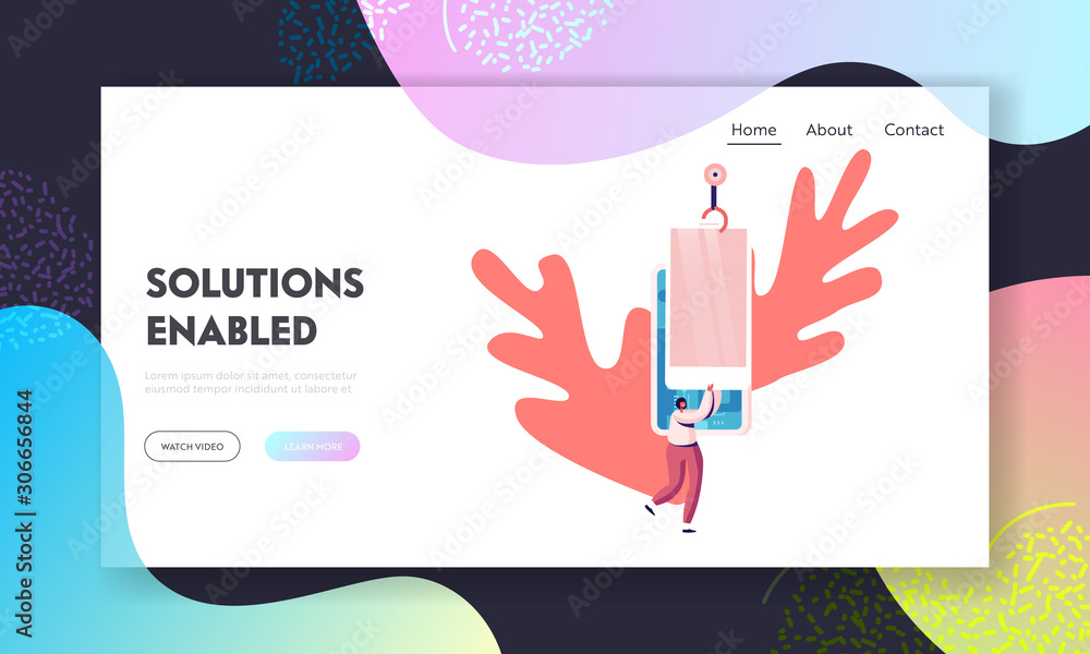 Aufkleber tech production factory website landing page. robot arm assemble smartphone cover microcircuits with