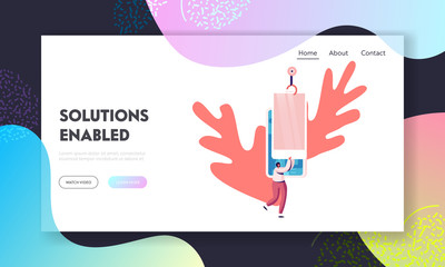 Tech Production Factory Website Landing Page. Robot Arm Assemble Smartphone Cover Microcircuits with Touch Screen. Woman Holding Huge Mobile Phone Web Page Banner. Cartoon Flat Vector Illustration