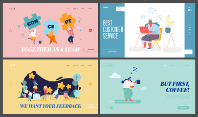 Teamwork Cooperation, Customer Support Service, Feedback, Coffee Time Website Landing Page Set. Characters Set Up Puzzle, Hotline Help, Rating Stars Web Page Banner. Cartoon Flat Vector Illustration