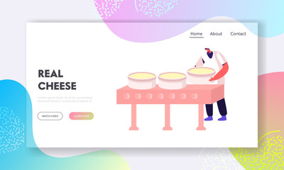 Obraz premium Dairy Production Manufacture, Cheese Making Website Landing Page. Worker Put Raw Mass into Special Round Forms for Making Blocks. Milk Food Industry Web Page Banner. Cartoon Flat Vector Illustration