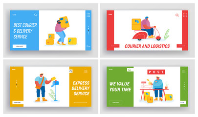 Post Office Employees Website Landing Page Set. Mailman Occupation and Work. Postman Delivering Mail by Scooter, Weigh Parcels, Put Letter into Box Web Page Banner. Cartoon Flat Vector Illustration