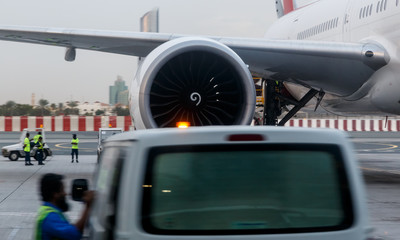 Two engines of the large airplane close up at the airport.
