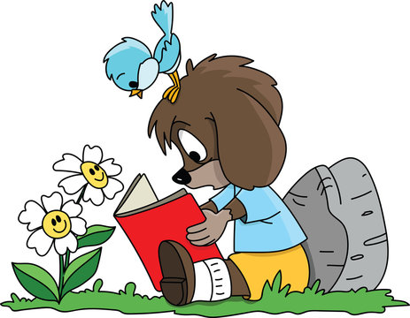 Cartoon dog reading a book sitting on grass with his blue bird and daisy flower friends vector illustration