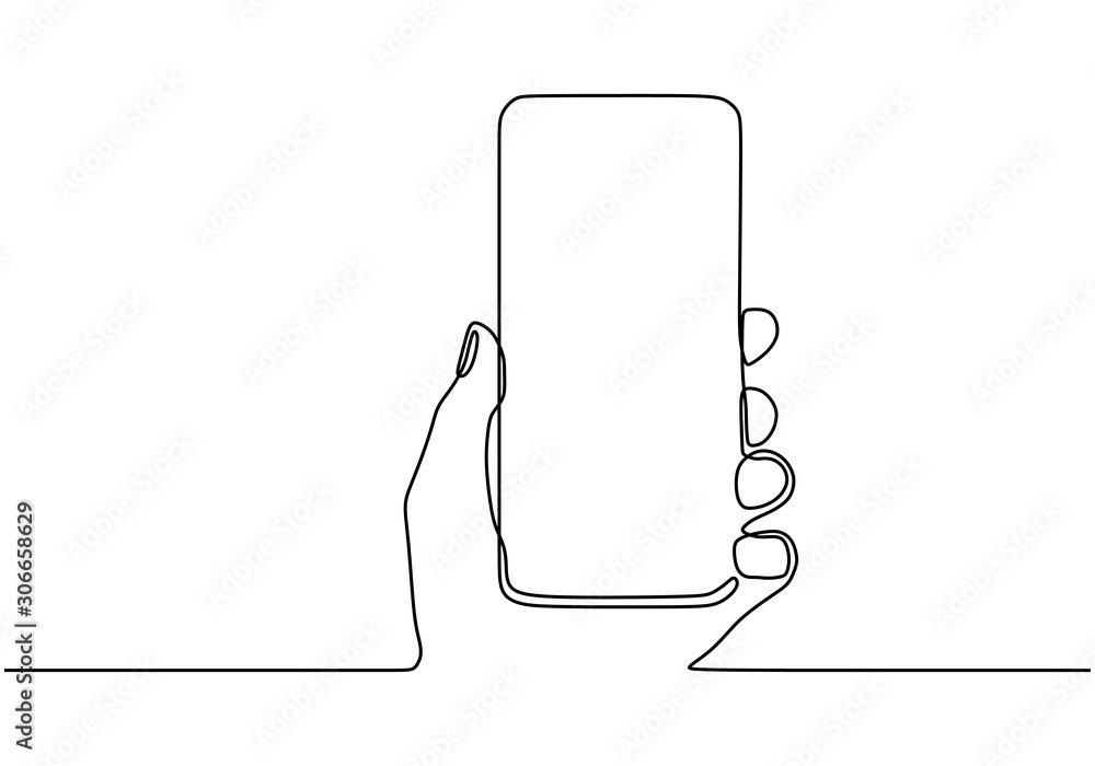Poster continuous one line drawing cell phone in his hand vector. mobilephone or smartphone object minimali
