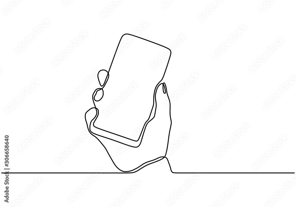 Poster continuous one line drawing cell phone in his hand vector. mobilephone or smartphone object minimali