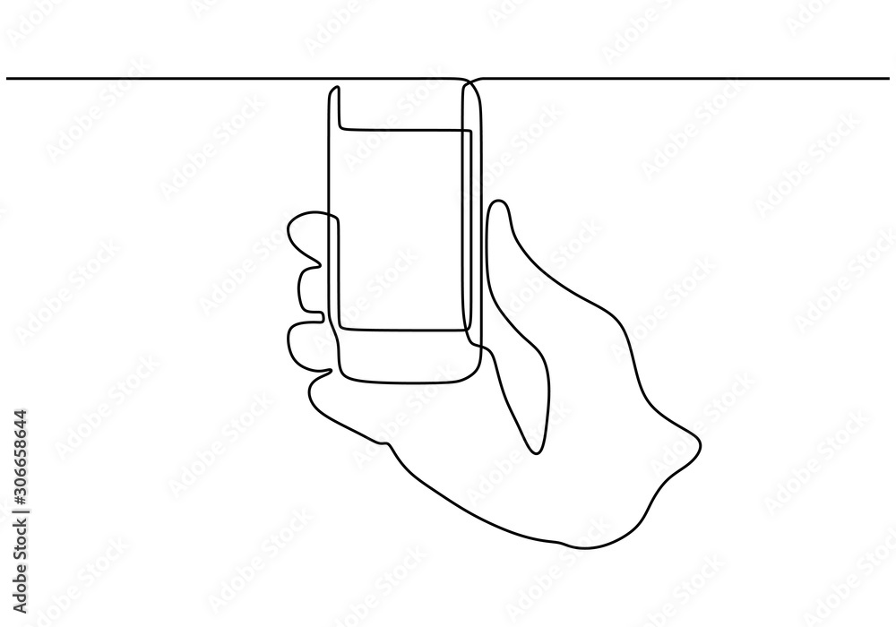 Poster continuous one line drawing cell phone in his hand vector. mobilephone or smartphone object minimali