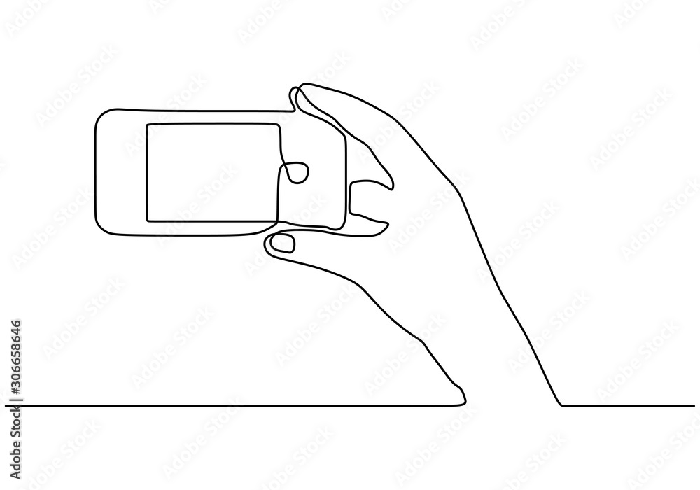 Poster continuous one line drawing cell phone in his hand vector. mobilephone or smartphone object minimali