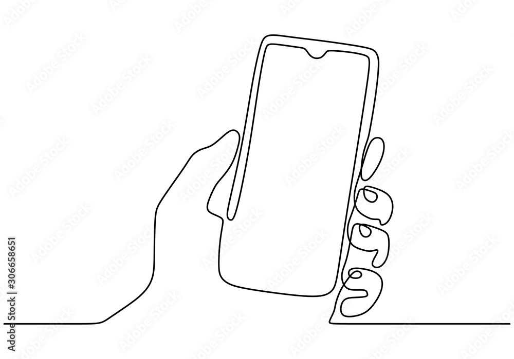 Poster continuous one line drawing cell phone in his hand vector. mobilephone or smartphone object minimali