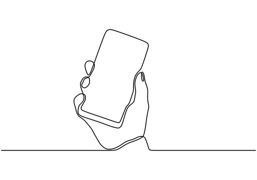 Continuous One Line Drawing Cell Phone In His Hand Vector. Mobilephone Or Smartphone Object Minimalist Design Illustration With Simplicity Design.