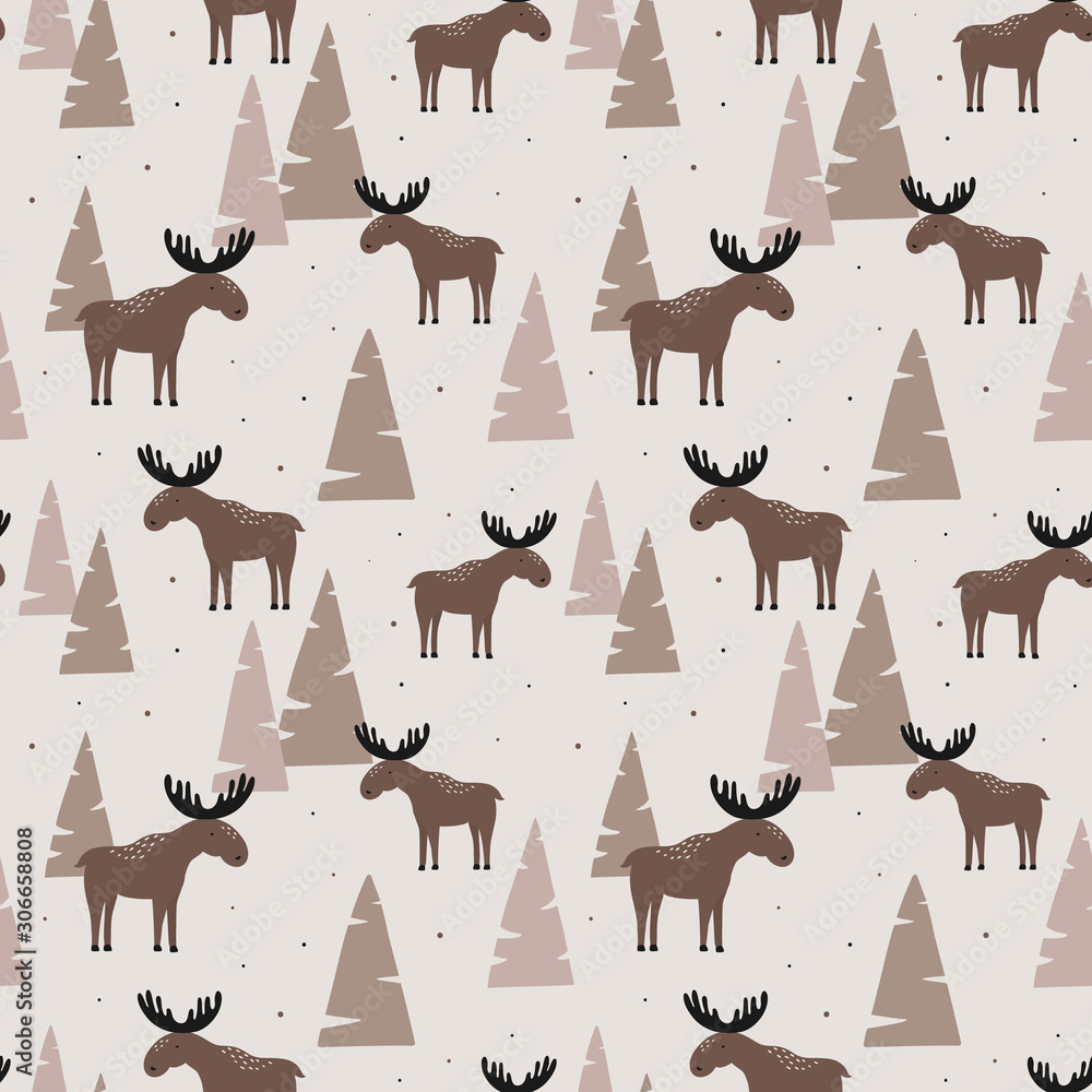 Poster seamless pattern with elk in a wood. vector illustration. design can be used for textiles, wallpaper