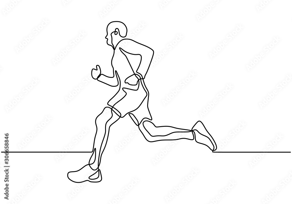 Poster continuous one line drawing of person running during sport marathon or sprint game. champion player 
