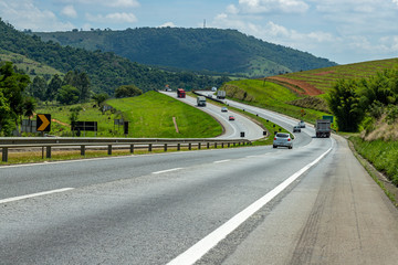 Freeway Highway. Highway traffic with cars and trucks. 