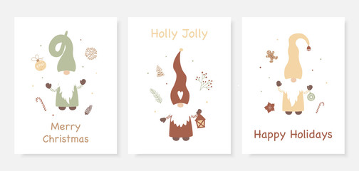 Season greetings. Christmas card set with cute little Gnomes. Vector illustration in scandinavian style.