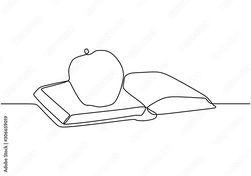 Poster continuous one line drawing of book with apple vector. concept of study and education symbol object 