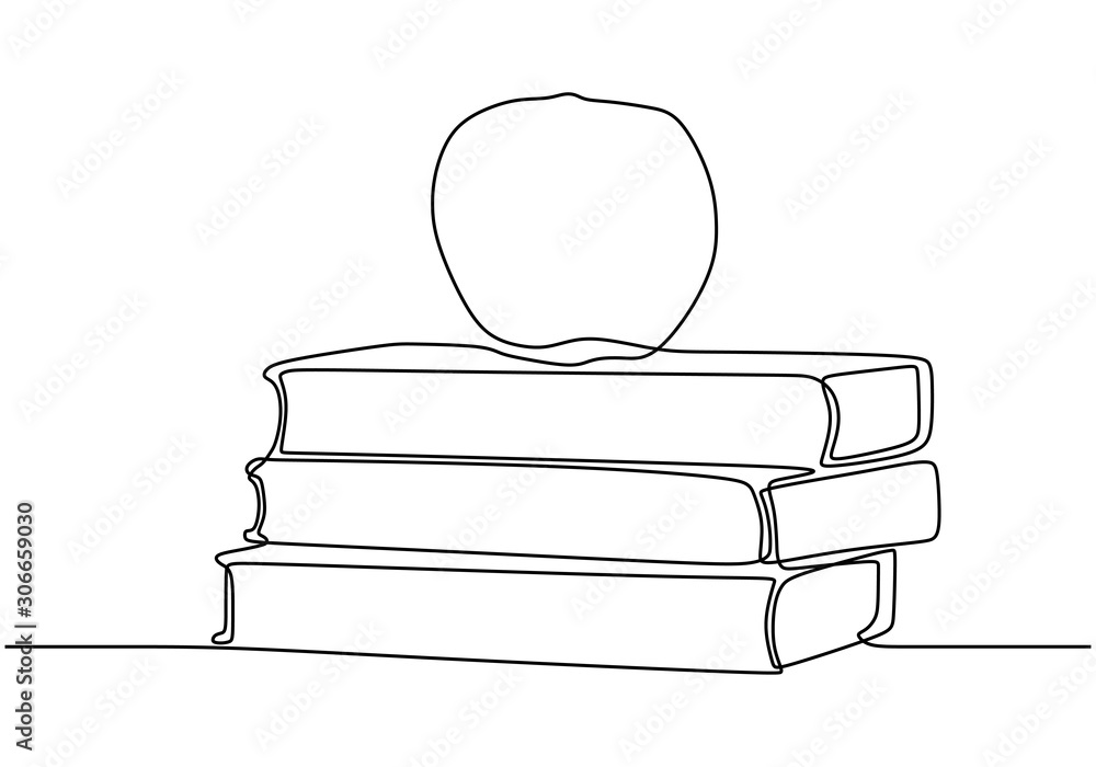 Poster continuous one line drawing of book with apple vector. concept of study and education symbol object 