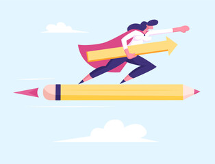 Female Superhero in Red Cloak Super Employee Girl with Arrow in Hand Flying on Huge Pen Rocket among Clouds in Sky. Business Success Leadership Professionalism Concept Cartoon Flat Vector Illustration