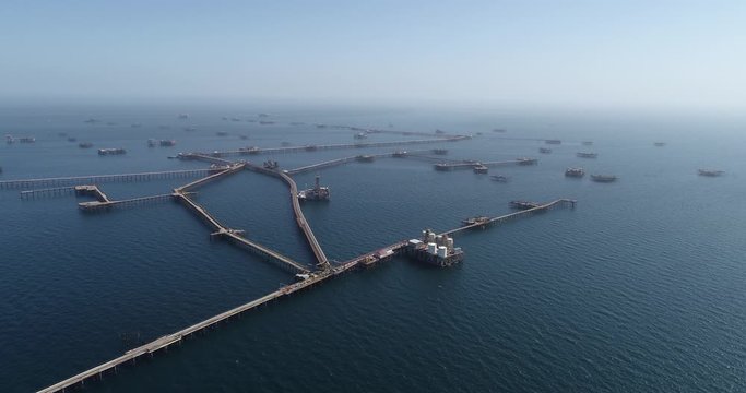 OIL ROCKS &ndash; the city on the caspian sea. Offshore oil production. Aerial view of  Oil production at Caspian sea.