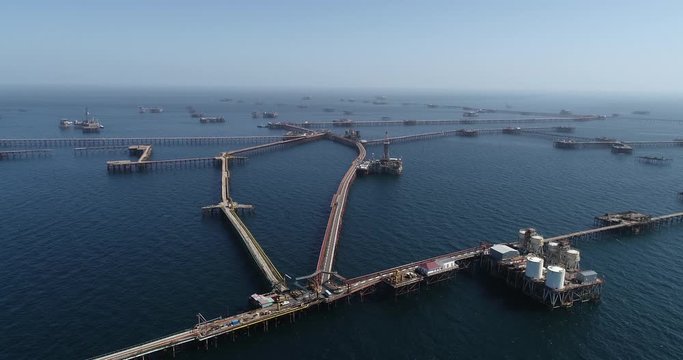 OIL ROCKS &ndash; the city on the caspian sea. Offshore oil production. Aerial view of  Oil production at Caspian sea.