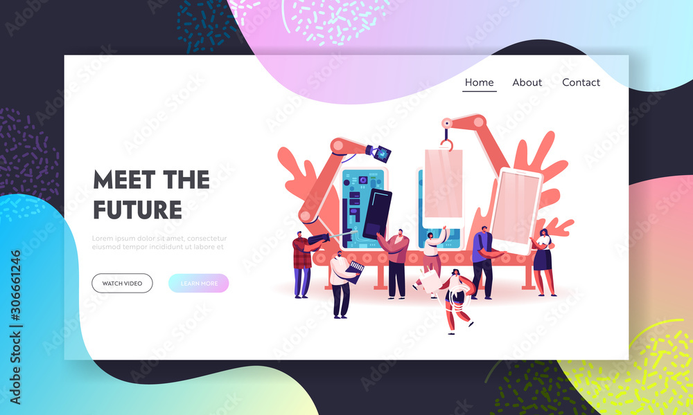 Poster assembling and using smartphones website landing page. people holding cellphones, memory card and ch