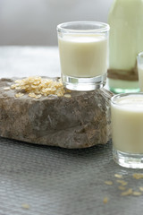 Fresh rice milk drink. Healthy nutritious vegetable milk. Homemade dairy themes