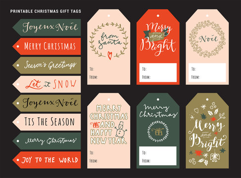 Printable Personalized Merry Christmas Gift Tags. Holiday Season Vintage Design With Modern Calligraphy, Typography, Lettering. Traditional Christmas Artistic Design