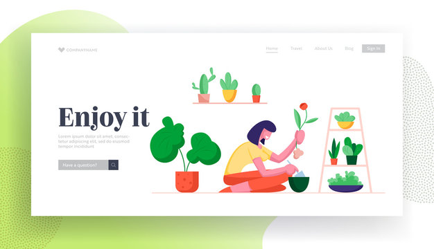 Gardening Hobby Website Landing Page. Woman Digging Home Plant Replanting to another Pot, Care of Domestic Flower in Greenhouse Orangery or Home Web Page Banner. Cartoon Flat Vector Illustration
