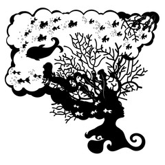 Mermaid in coral reef monochrome