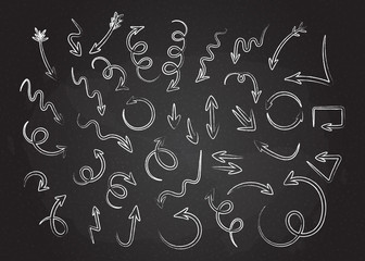 Hand drawn chalk style arrows collection vector illustration. Curves and spirals, round and twist arrows in grunge contour doodle style. Outline white chalked graphic set for sketchy infographic