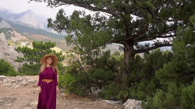 A beautiful girl in a long purple dress walks against the backdrop of a mountain landscape next to a green pine.