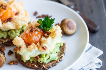 Orsini's egg for breakfast. Light healthy breakfast made from simple foods.