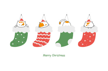 Christmas card with cute cartoon cats in socks, merry christmas and happy new year of the mouse 2020
