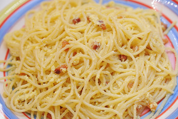 Carbonara pasta is tipical food of Roma - pasta with bacon and eggs
