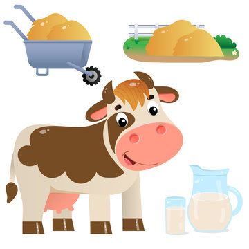 Color image of cartoon cow with milk on white background. Farm animals. Vector illustration set for kids.