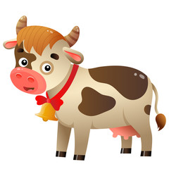 Obraz na płótnie Canvas Color image of cartoon spotted cow with bell on white background. Farm animals. Vector illustration for kids.