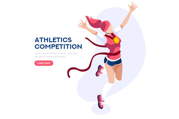 Fototapeta na wymiar Web Page, Place with Hands of Athletes. Tournament with Athletics Characters for Victory. Cartoons on Website Page on a First Strong Competition for a Gold Medal. Flat Vector Illustration