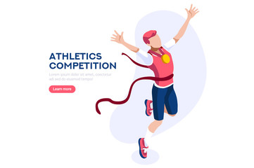 Fototapeta na wymiar Web Page, Place with Hands of Athletes. Tournament with Athletics Characters for Victory. Cartoons on Website Page on a First Strong Competition for a Gold Medal. Flat Vector Illustration.