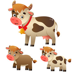 Color image of cartoon cow with calfs on white background. Farm animals. Vector illustration set for kids.