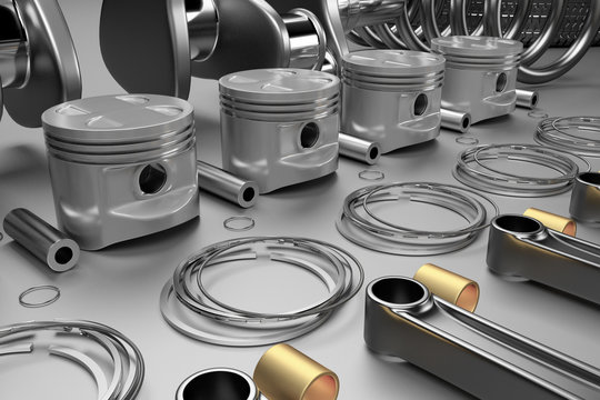 3D rendering. Crankshaft for 6v cylinders engine. Truck crankshaft on grey background. Engine bearing crankshaft with pistons and piston rings.