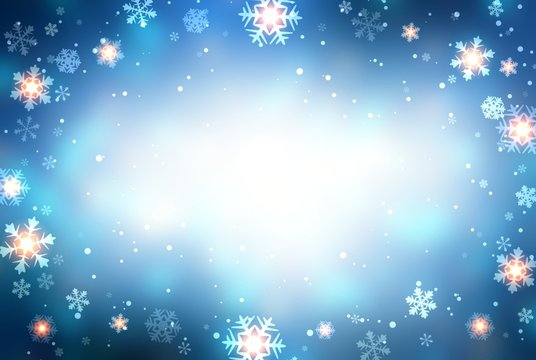 Lights snowflakes frame on dark blue empty background. New year blurred texture. Snow, sparkles, glare defocused background. Vignette festive illustration. Christmas style. Winter trend.