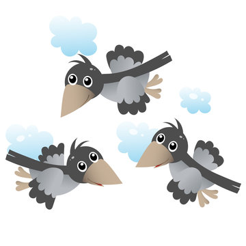 Color image of cartoon flock of crows in the sky on white background. Birds. Vector illustration for kids.