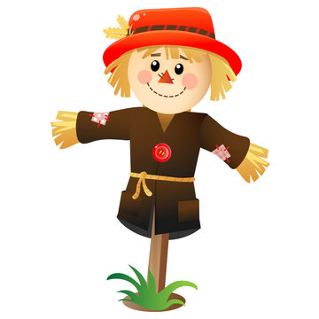 Color image of cartoon stuffed or scarecrow on white background. Vegetable garden. Vector illustration for kids.