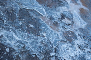 A background of an icy puddle with the ice broken