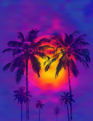 Dark realistic palms silhouettes against the background of a tropical sunset and full moon. Vector illustration