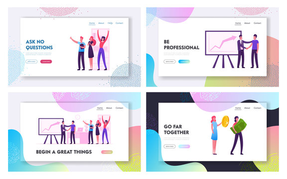 Happy Businesspeople Team, Financial Success Website Landing Page Set. Office Employees Rejoice for Grow Chart. Women Holding Money Coin and Banknote Web Page Banner. Cartoon Flat Vector Illustration